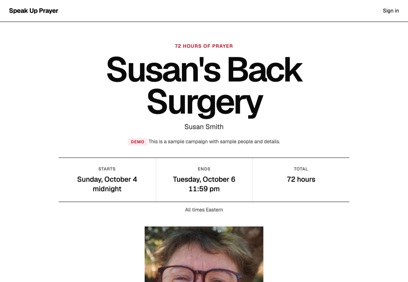 A campaign page: the name, the dates and the photo